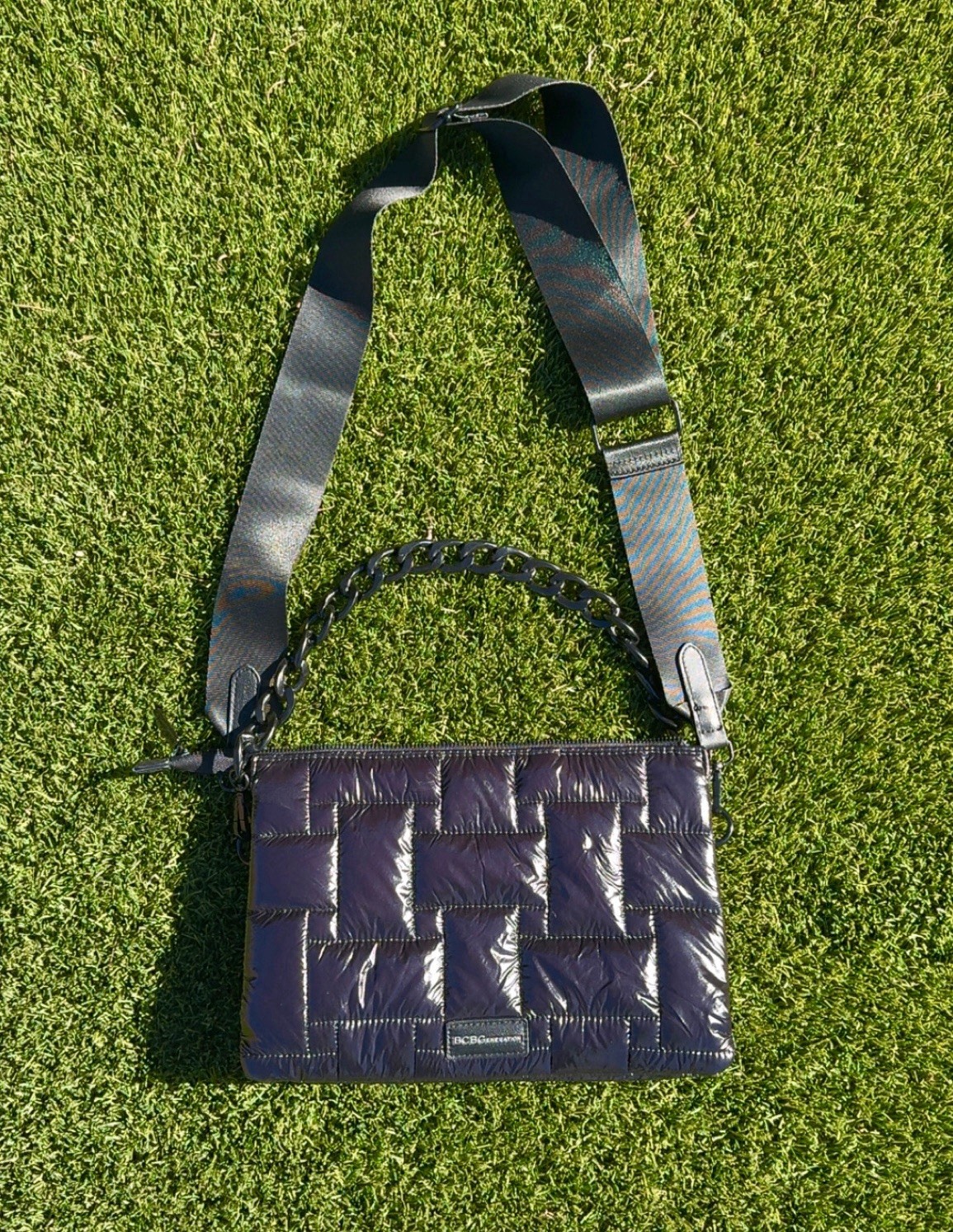 BCBGeneration Shiny Black Puffer Crossbody Bag Spellout Strap w/Chain Strap