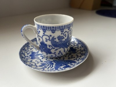Vintage Phoenix Ware Bird Blue White Saucer Plate & Cup   Japan