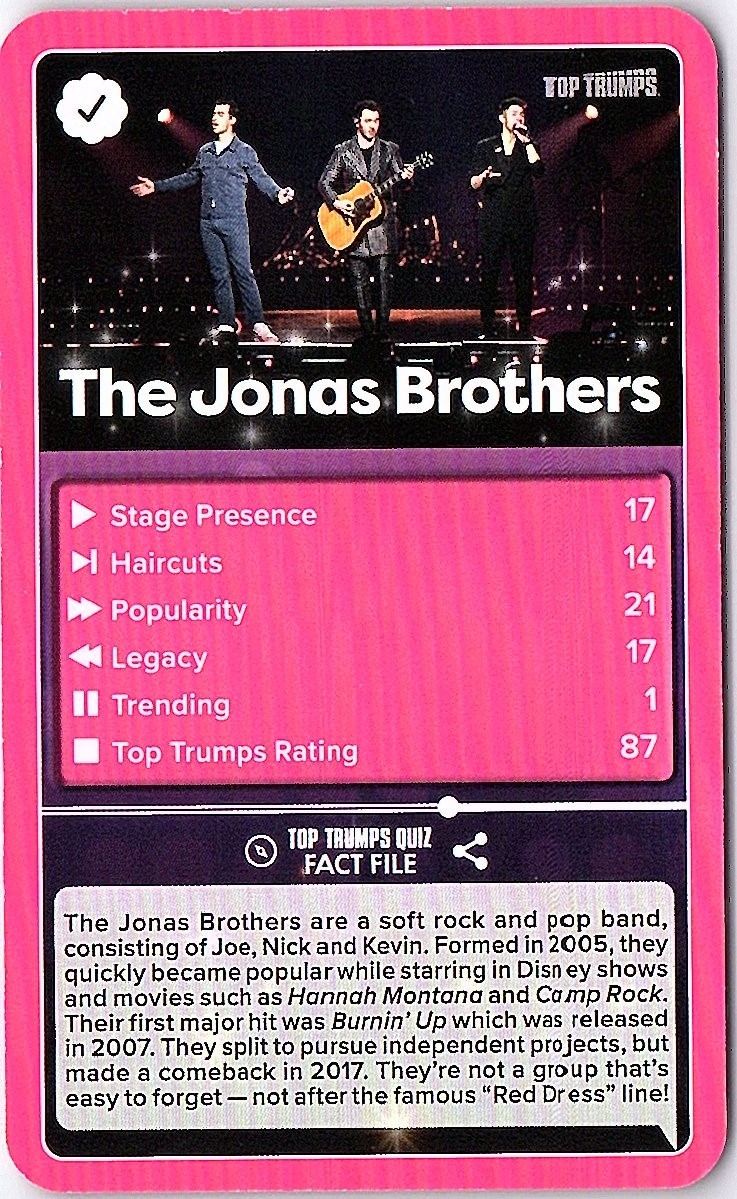 The Jonas Brothers 2024 Top Trumps Specials Pop Stars Trading Playing Card