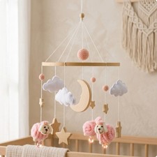 Nursery Mobile with Wooden Loop Crochet Decor Natural for Newborn