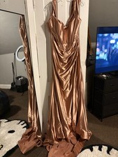 Sherri Hill Rose Gold Formal Gown Off-Shoulder Ruched Design Prom Evening Dress