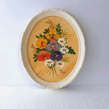 Original Floral Oil Painting On Canvas Panel Oval Framed Signed Small 6"×8"