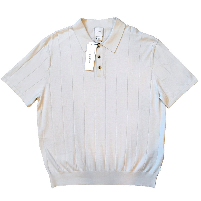 NWT XL Calvin Klein Cream Vertical Tone-on-tone Striped Lightweight Polo Sweater