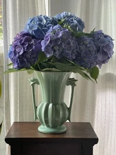 Vintage McCoy Pottery Art Deco Trophy Style Double Handle Vase Turquoise Green