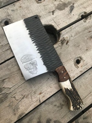 Handmade Forged Bone Chopper, Hammer Kitchen Butcher knife, D2 Steel Skull logo