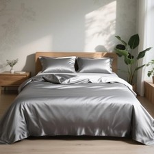 Satin Duvet Cover Queen Size Set, 3 Pieces Silk Queen 90" x 90" Silver Grey