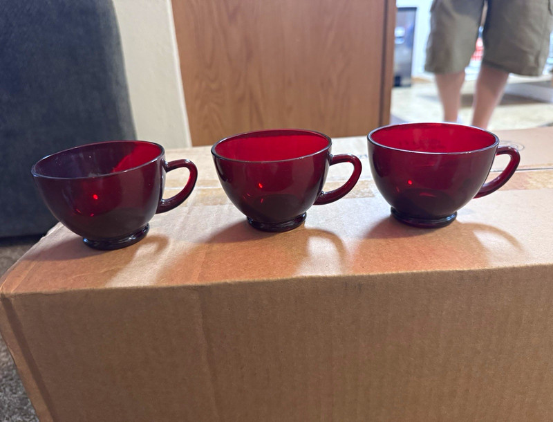 Set of 3 Red Glass Cups with Handles Three-Piece anchor hocking depression glass