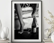 Woman with Wine Wall Art, Black & White Feminist Poster, Bar Cart Bedroom Decor