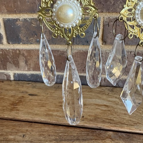 Chandelier Christmas Ornaments Brass Faux Pearl Clear Acrylic Vintage BRN - Picture 1 of 5
