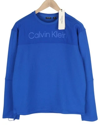 CALVIN KLEIN Homme Sweatshirt S Bleu Coton Col Rond Logo Devant - Photo 1/4