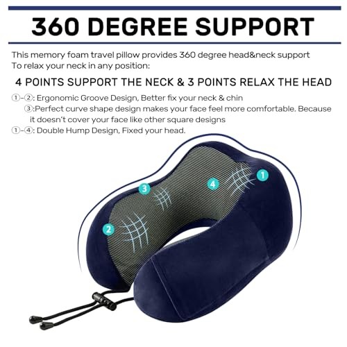 Memory Foam Travel Neck Pillow for Airplanes - Soft Grey & Blue Support