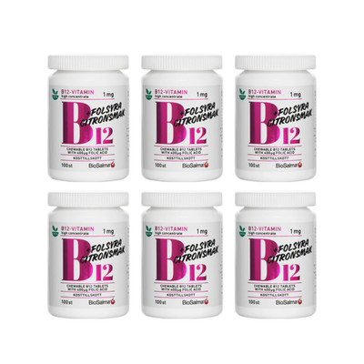 6er Pack BioSalma Vitamin B12 1mg + Folsäure 400μg 100 Kautabletten Zitrone