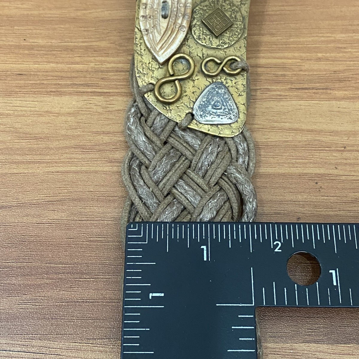Vintage BAER SF Hammered Mixed Metal Boho Bohemian Woven Braided Belt One Size Vintage Baer SF Belt, Braided, Carved Bone and Hammered  main image 2