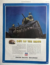 1943 Union Pacific Railroad Out Of Earth Tank WW II Fighting Vintage Print Ad