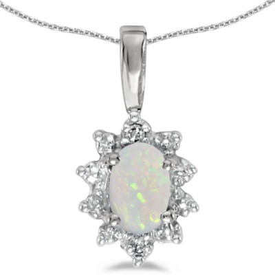 14k Weißgold ovaler Opal und Diamant Anhänger mit 18'' Kette