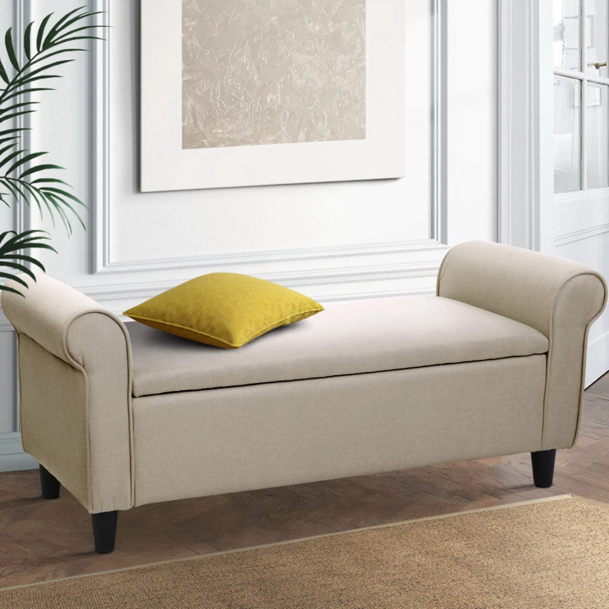 Artiss Storage Ottoman Blanket Box 125cm Arm Linen Beige Solid Wood Simply New