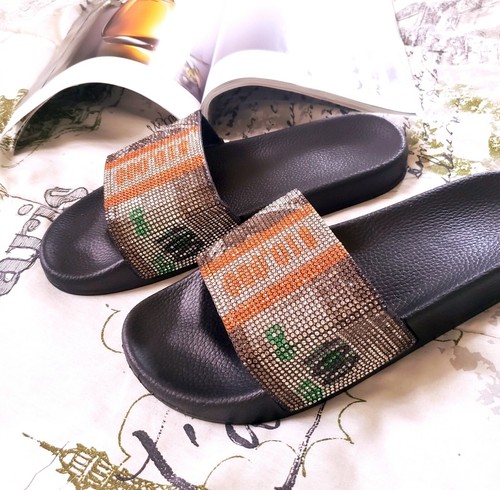 Money Print Rhinestone Slides, Summer Statement Sandals, Bands 10k Bling Slides - 第 2/8 張圖片