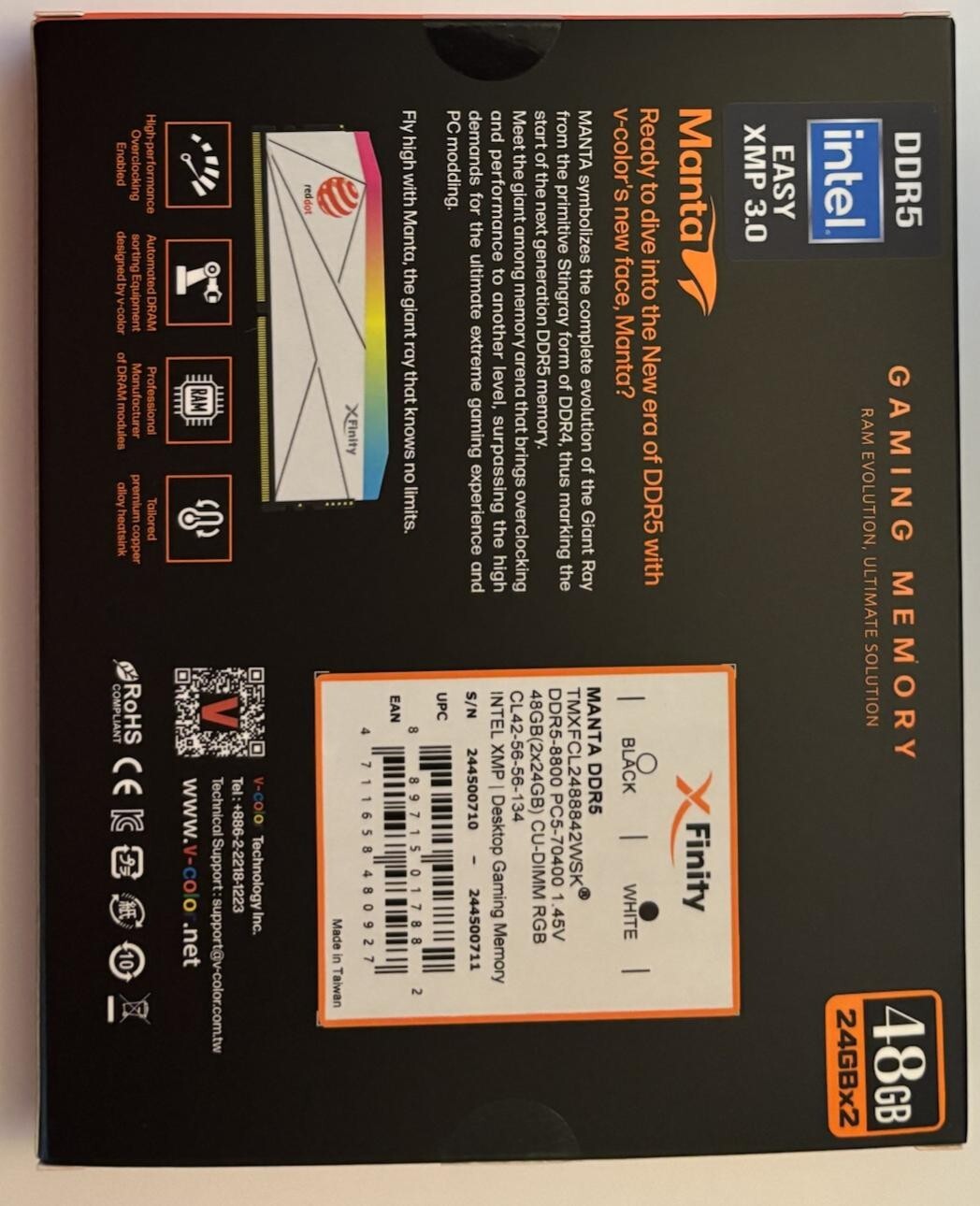 V-COLOR MANTA XFinity RGB DDR5 8800MHz RGB 48GB(24GBx2) Gaming Memory CKD CUDIMM