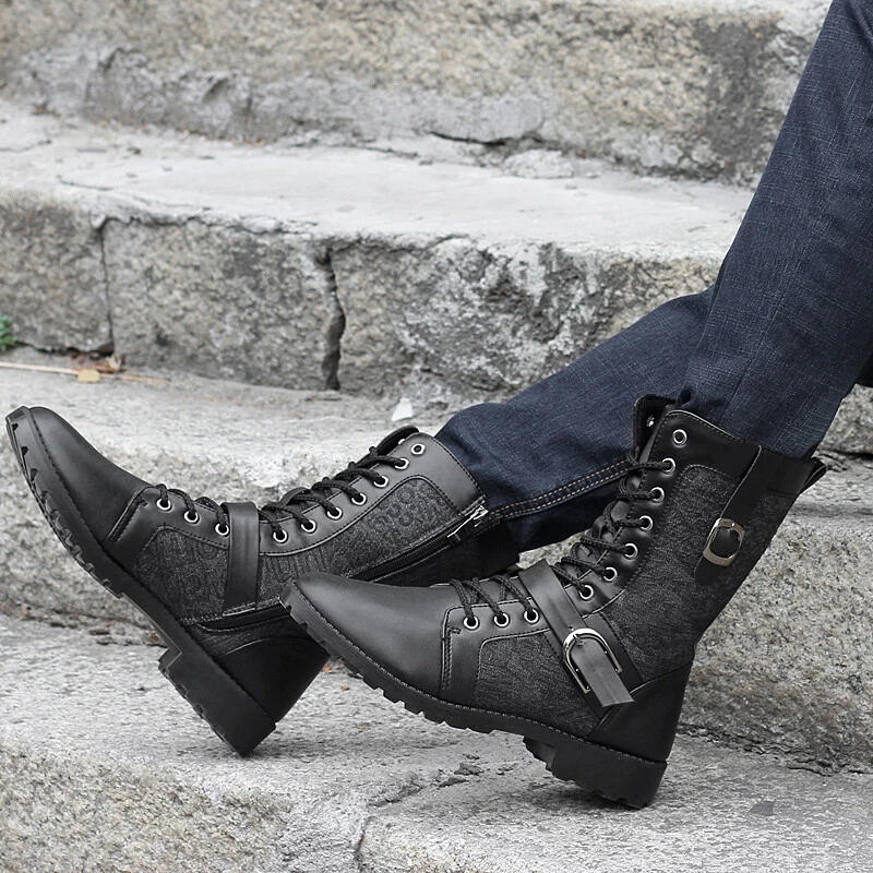 Mens Pointed Toe Punk High Top Boots Military Buckle Side Zip Lace Up Shoes  Plus