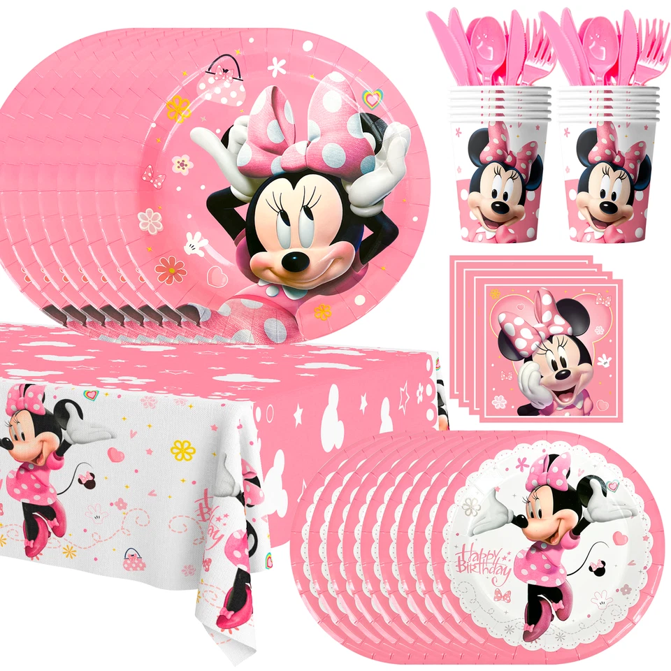 INBOXXARTY Minnie Mouse Party Tableware Set Minnie Birthday Plates Cups Napkins Tablecloth