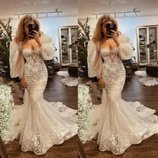 Sweetheart Mermaid Wedding Dresses With Puff Sleeves Lace Appliques Bridal Gowns