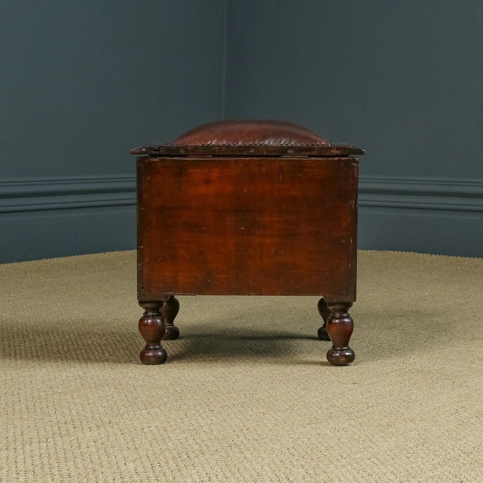 Antiguo taburete inglés victoriano llama cuero caoba vestido ordenado para pies Foto 4 de 4