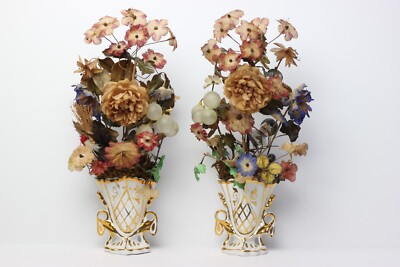 Antique Pair of Porcelain Bridal Bouquet Fan Vases with Miniatures, France, 1870