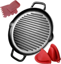 12.6" Cast Iron Griddle Pan Pre-Seasoned Round Grill Pan with Handles