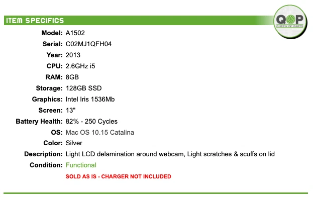 2013 MacBook Pro A1502 - 13", 2.6GHz i5, 8GB RAM, 128GB SSD, Silver, Catalina - Image 2 of 4