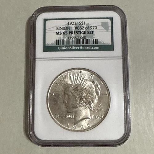1922 $1 Peace Silver Dollar Binion NGC MS 65 Prestige Set #852 of 970