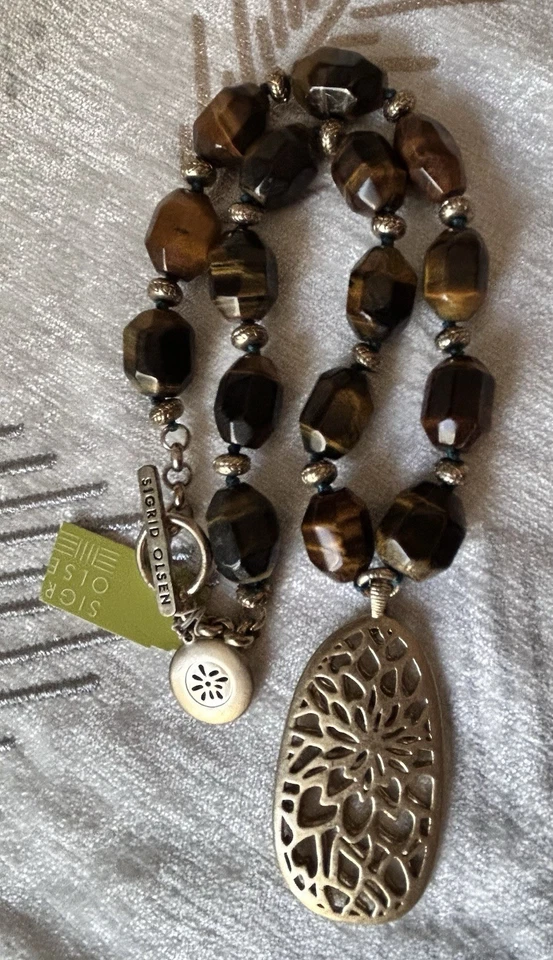 "Collar colgante Sigrid Olsen nuevo con etiquetas cuentas ojo de tigre tono dorado 17""" Foto 3 de 4