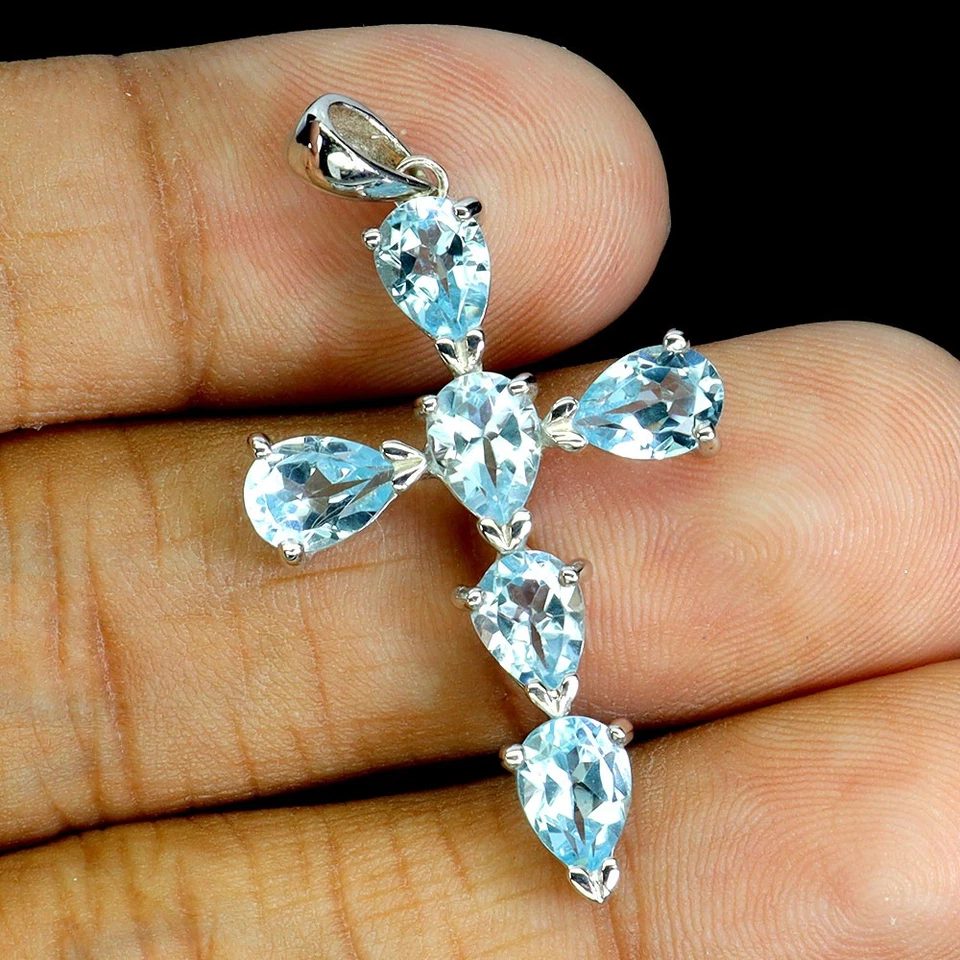 925 Pendente Argento Sterling Pera Topazio 7x5mm Naturale Gemma Croce Gioielli - Immagine 2 di 4