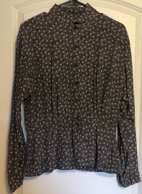 Vintage Vim Black Floral Print Peplum Blouse Women's Size L 100% Viscose .