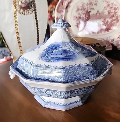 Antique Blue Transferware Staffordshire Covered Bowl '' PRIORY'' By JOHN ALOCK