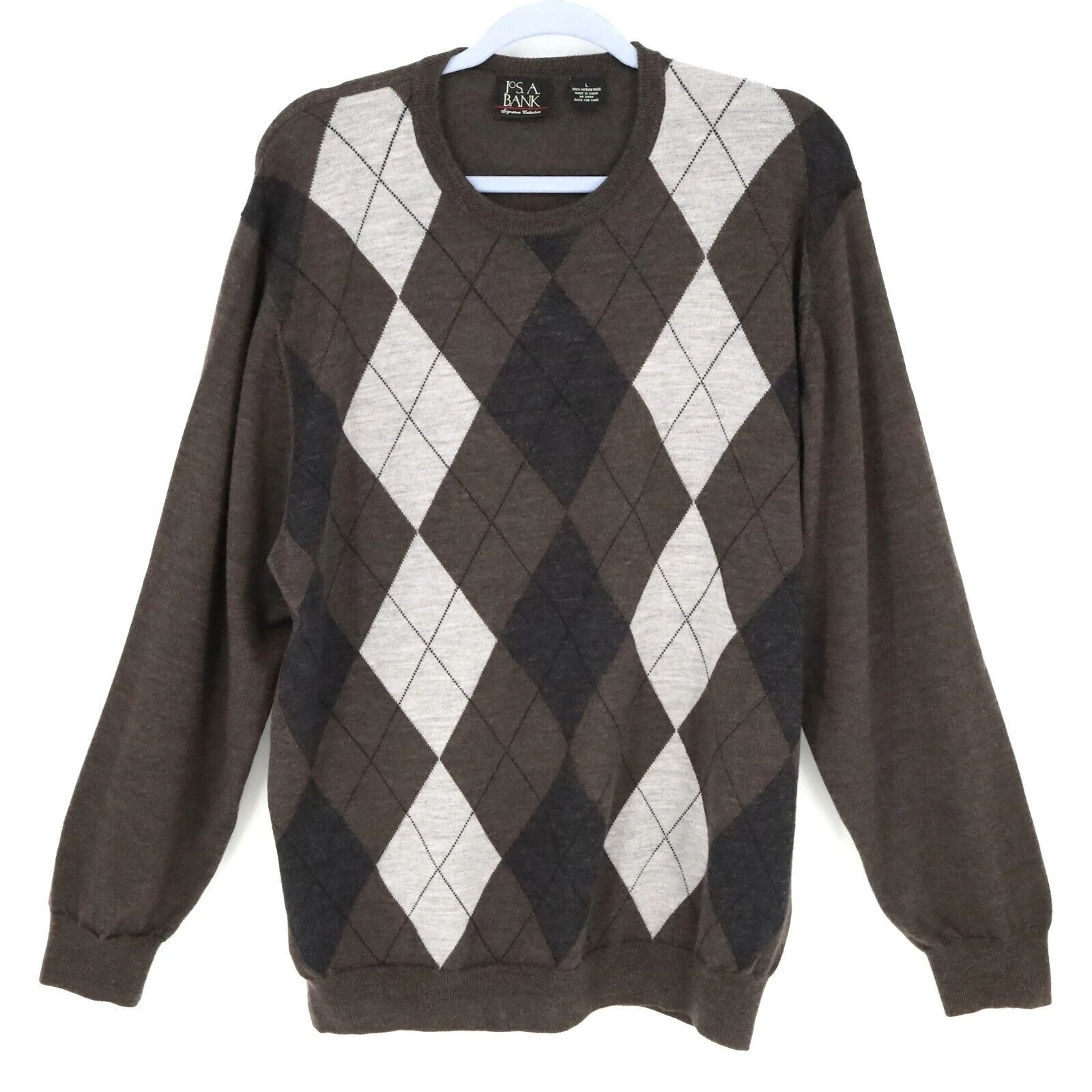 Jos A Bank Sweater Mens Large Merino Wool Black Gray Brown Argyle Pullover Vneck