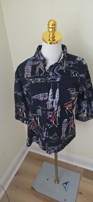 Really Cool Life Style World Traveler Colorful Womans Button Down Shirt Sz M