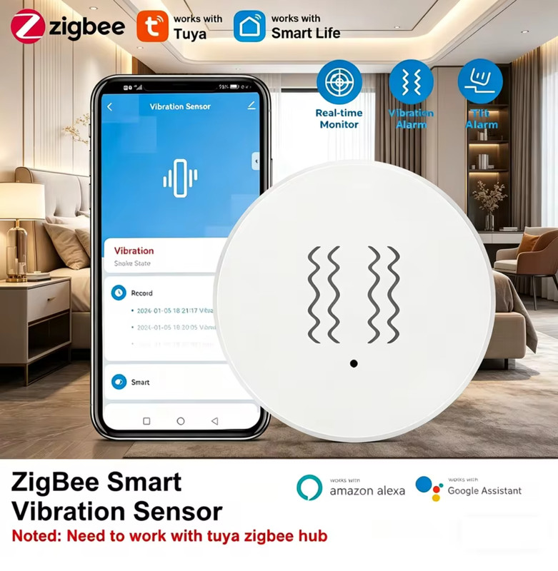 Tuya Zigbee Vibration Sensor Circular Detection Sensor Smart Life App