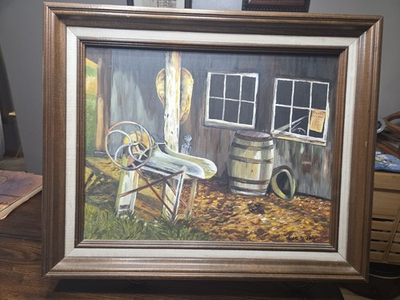 #ad VINTAGE 1970#x27;S FARM HOUSE RUSTIC Oil Painting Signed Country MIdcentury Prim. $49.99