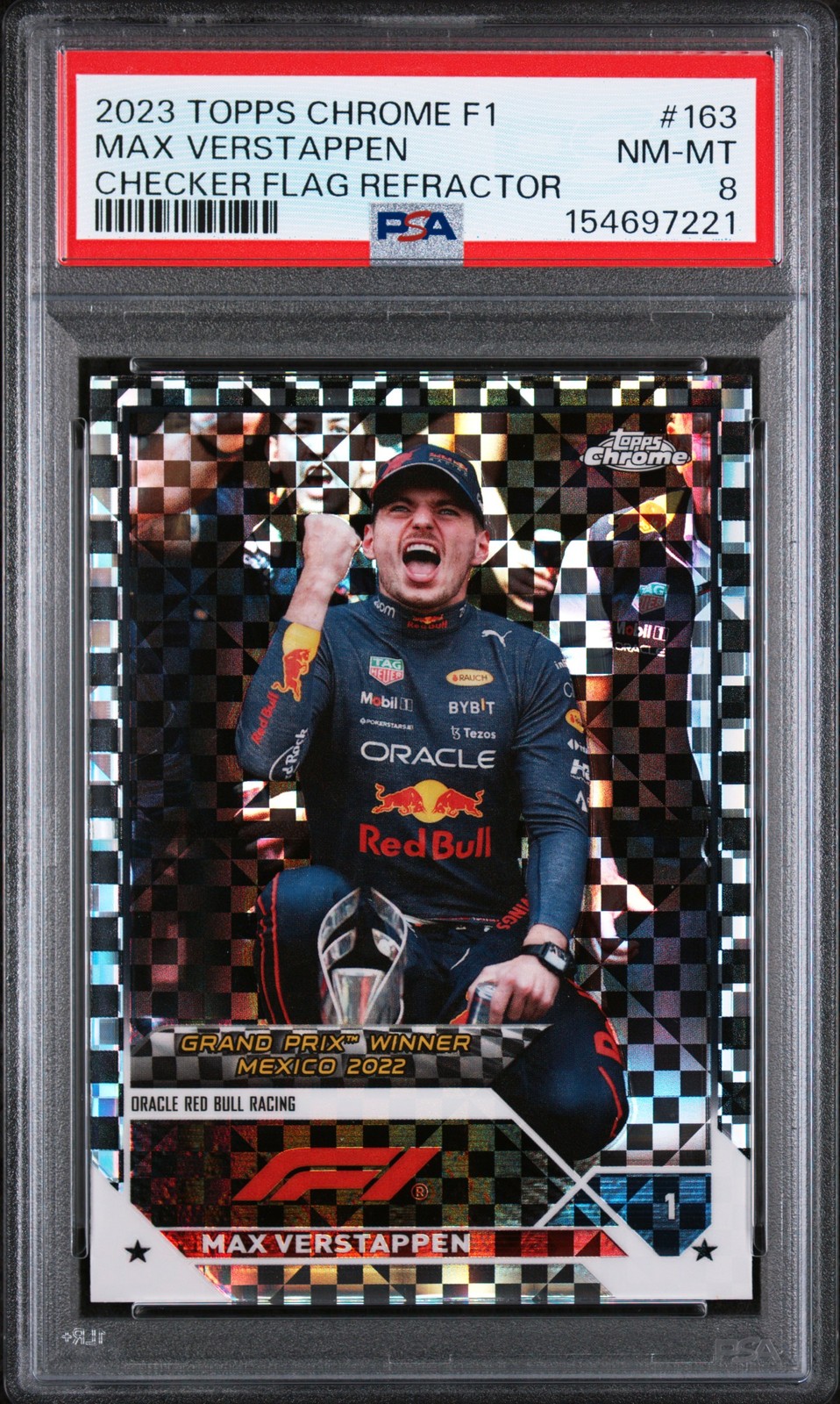 2023 TOPPS CHROME FORMULA 1 CHECKER FLAG REFRACTOR #163 MAX VERSTAPPEN PSA 8 view 1