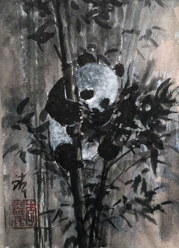 ACEO Original Sumi-e Watercolor Painting Panda on Bamboo by Lin Li