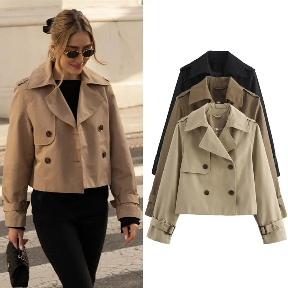 Women Cropped Trench Jacket Double Breasted Vintage Style Spring Autumn Coat