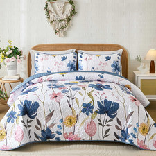 Dark Blue Quilt Set King, Floral Bedspread Soft Microfiber Lightweight King Size