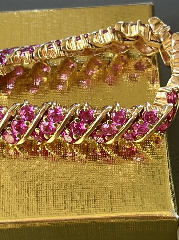 Lab-Created Raspberry 粉色蓝宝石 5.4 克拉 8 英寸意大利 GB/925 银色手链 — 第 3/4 张图片