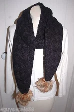 Ladies BLACK CABLE KNIT WINTER SCARF Lg Faux Fur Pom Poms 69x8"