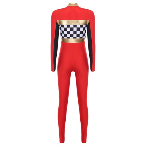 Womens Speed Race Car Driver Halloween Checkerboard Bodysuit Racing Costume - Picture 9 of 32