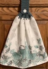Double hanging kitchen towel Fall autumn pumpkins leaves crocheted dk teal top