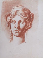 Dessin sanguine début XIXème portrait femme tresses sculpture antique Antiquité