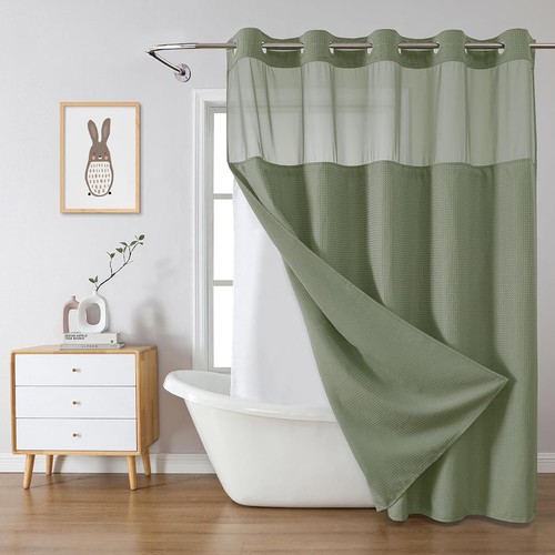Elegant Sage Green No Hook Shower Curtain with Snap-In Liner for Easy Care - Picture 3 of 9