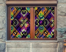 3D Colored Square D155 Window Film Print Sticker Cling Stained Glass UV Block An