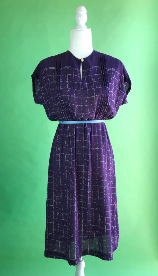 Vestido De Colección Años 80 Givenchy Púrpura Rejilla Deletreado - Talla Pequeña Foto 3 de 4